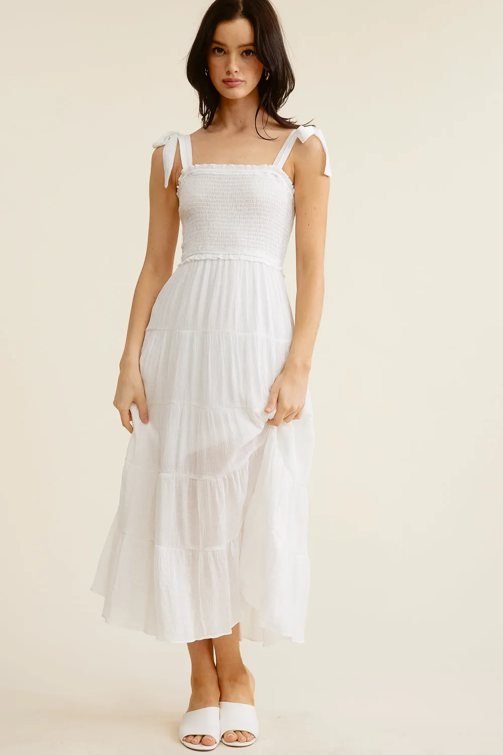 White Tie-Strap Midi Dress