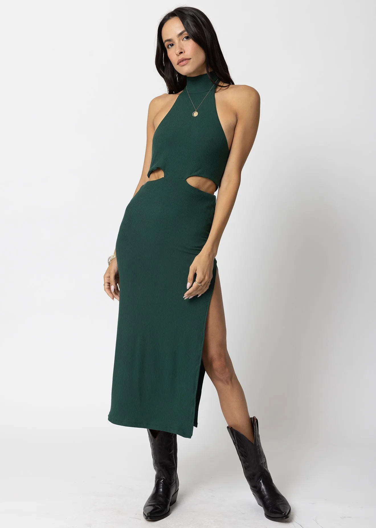 WIDE RIB HALTER CUT AWAY DRESS